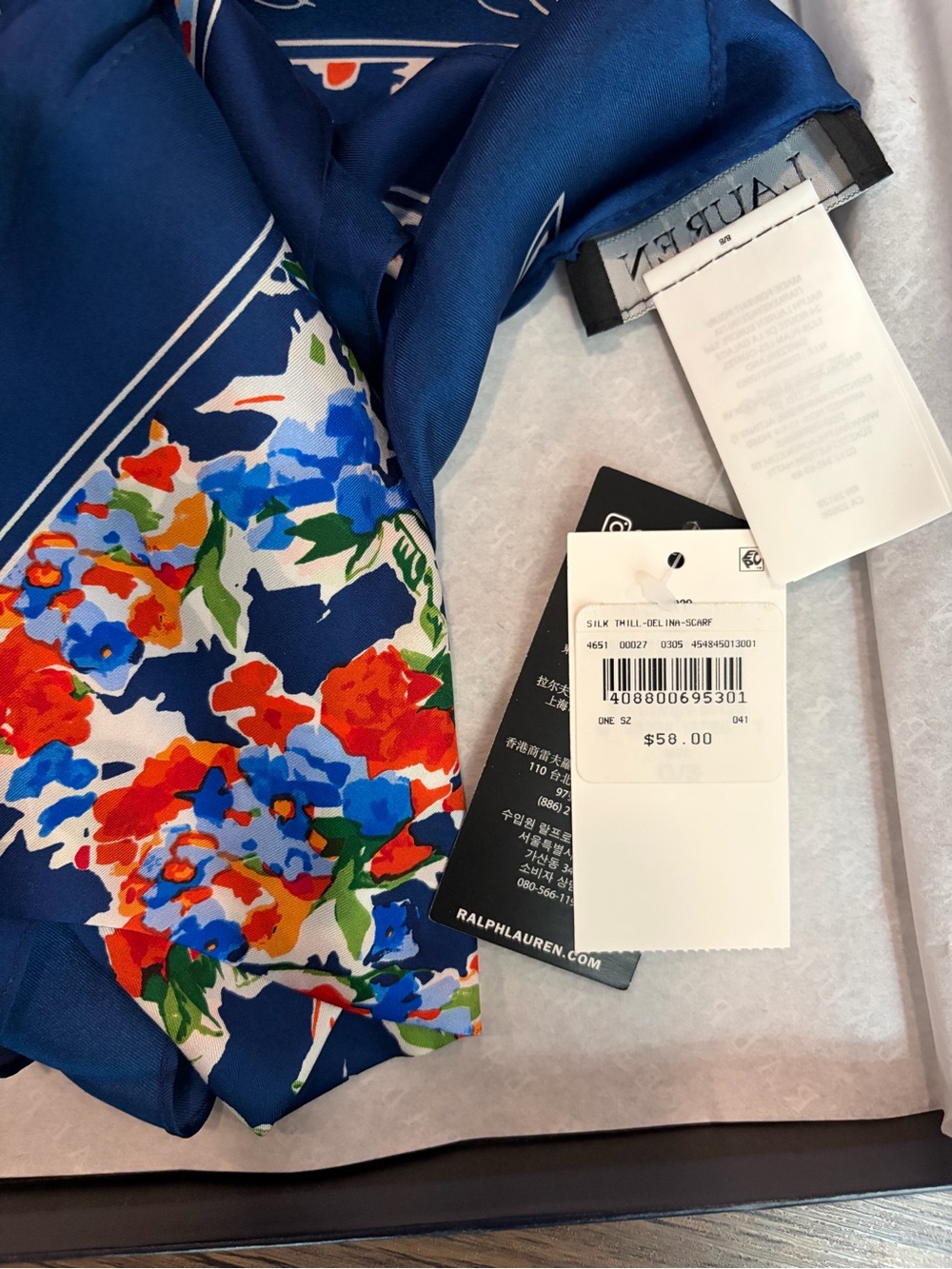 Lauren Ralph Lauren Blue Floral Print Diamond Scarf Red Blue with Box - Picture 7 of 8
